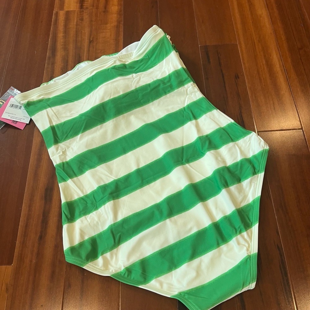 Kate Spade Swimsuit One-Piece Pesto Green White Stripe Straps Size Large - Picture 3 of 5